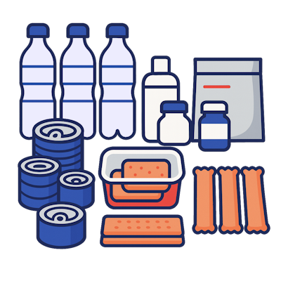 Gourdes, barres et vêtements chauds pour kit de survie